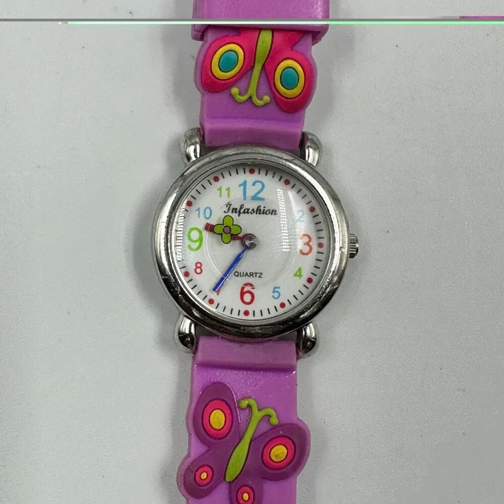 3/$30 Butterfly Watch Girls Silver Tone White Dial Purple Silicone Watch